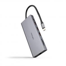 HUB NANOCABLE USB-C 12 EN 1 CONVERSOR USB-C 3.1 A 3XUSB-A 3.2 + USB-C 3.2 + USB-C PD + 2XHDMI 4K@60HZ + DP 4K@60HZ + RJ45 1GBPS + TF + SD + AUDIO JACK 3.5 ALUMINIO GRIS 18 CM