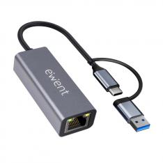 ADAPTADOR DE RED USB TIPO C / USB 3.2 A RJ45 EWENT 15CM/ MACHO-HEMBRA/ GRIS