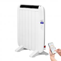 YOEVU - Radiador elctrico bajo consumo, 4 elementos, 900 W, temporizador, Programable, Mando a distancia, Pantalla LCD, APP control wifi, Compatible con Alexa, Apto pared o pie, Aluminio, Blanco